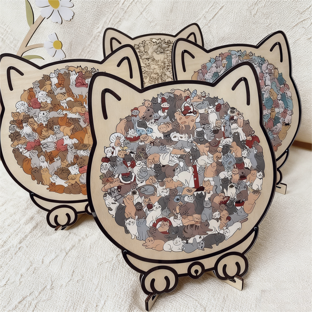 135-Piece Morandi-Colored Cat Shaped Wooden Jigsaw Puzzle